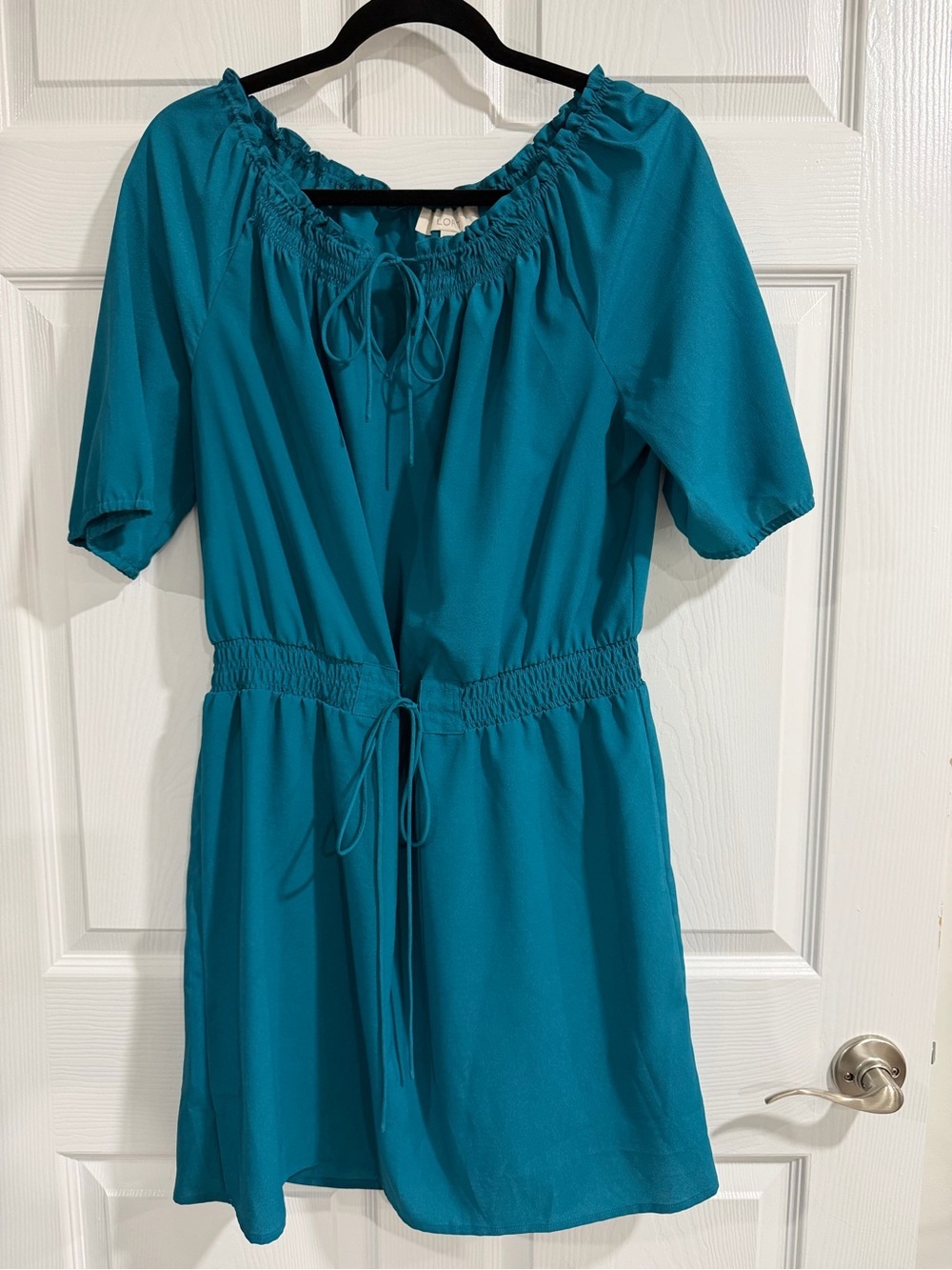 Ann Taylor LOFT Teal Short Sleeve Drawstring Waist Dress